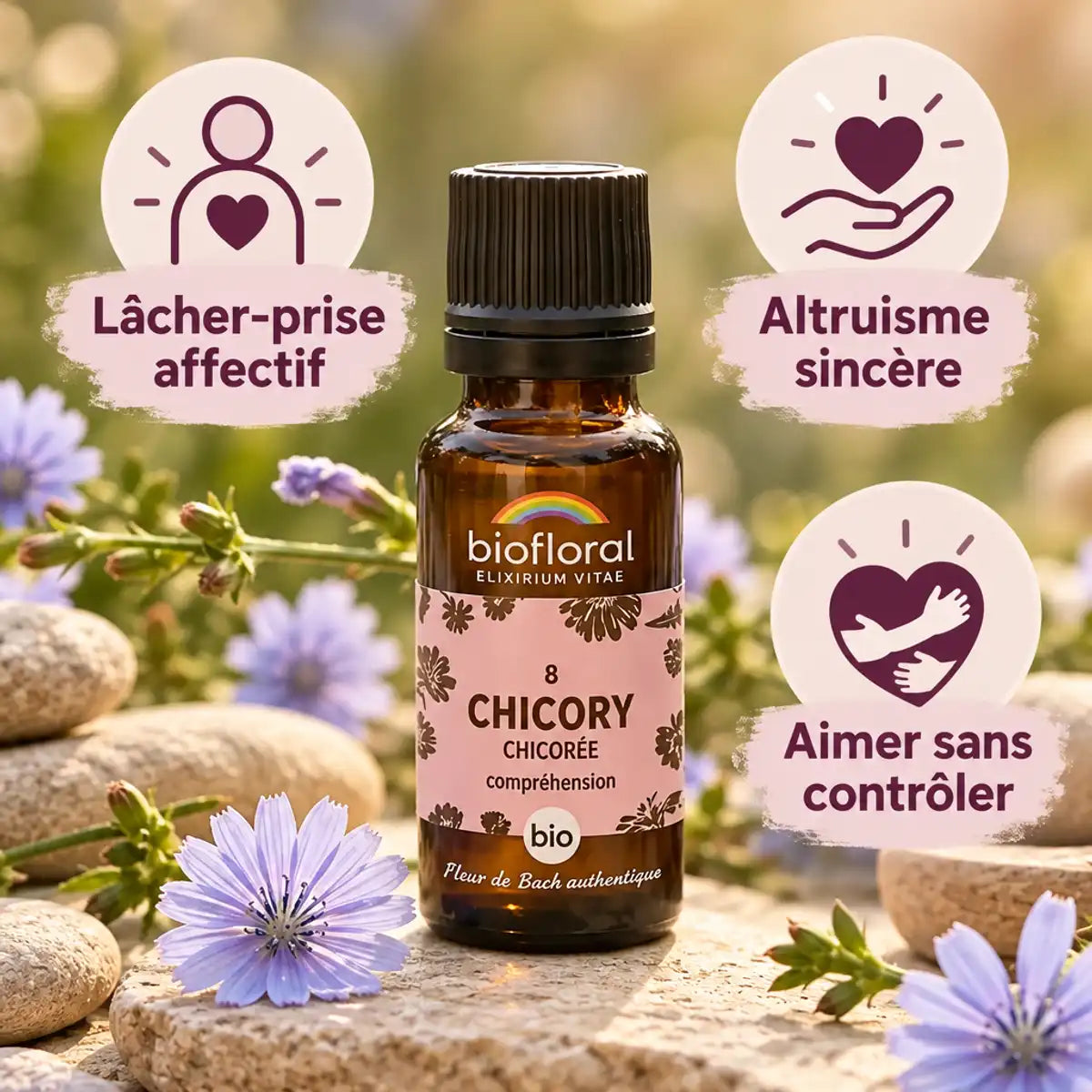 Fleur de Bach Chicory bio Biofloral - flacon avec bénéfices : lâcher-prise affectif, altruisme, amour sans contrôle