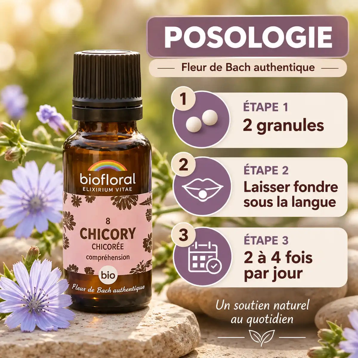 Fleur de Bach Chicory bio en granules Biofloral avec posologie, fleurs de chicorée et infographie d'utilisation