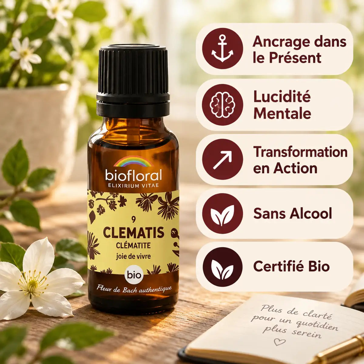 Fleur de Bach Clematis Bio Biofloral en granules avec bénéfices : ancrage, lucidité mentale et transformation