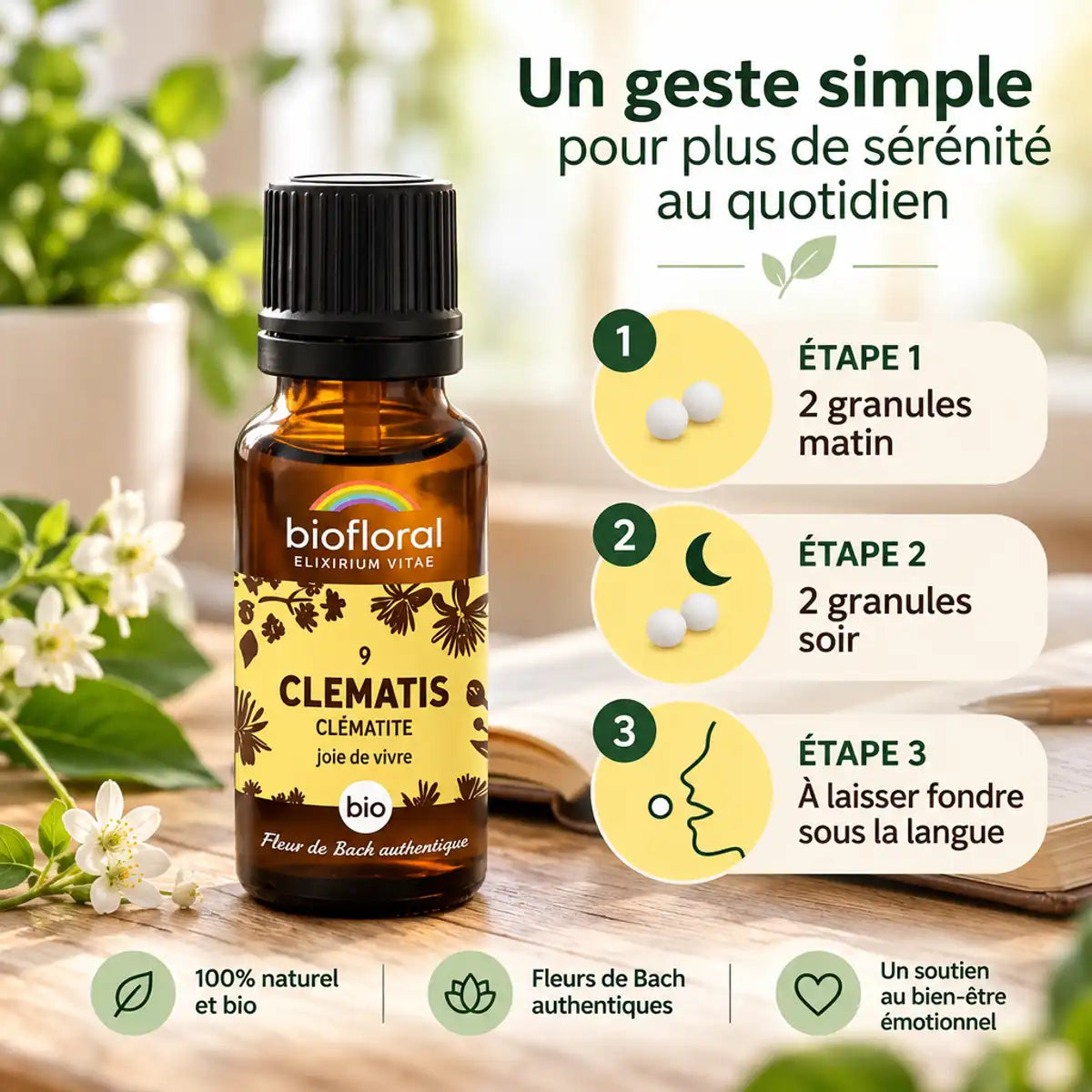 Fleur de Bach Clematis granules Biofloral avec instructions de dosage sur fond bois et carnet