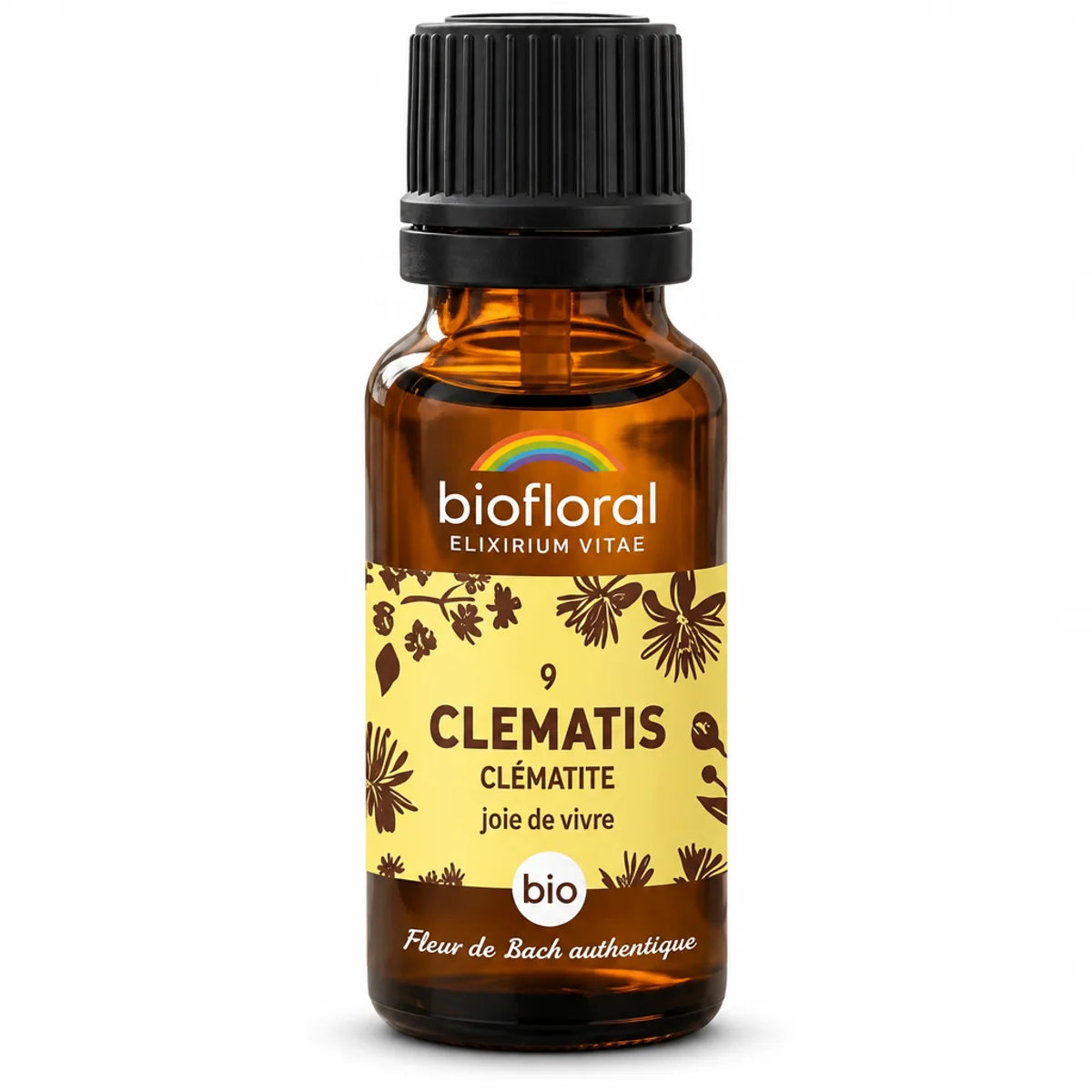 Fleur de Bach Clematis Bio granules 19,5g Biofloral bouteille étiquette jaune