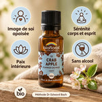 Fleur de Bach Crab Apple Bio Biofloral en granules 19,5 g, flacon ambré sur table en bois, Méthode Dr Edward Bach