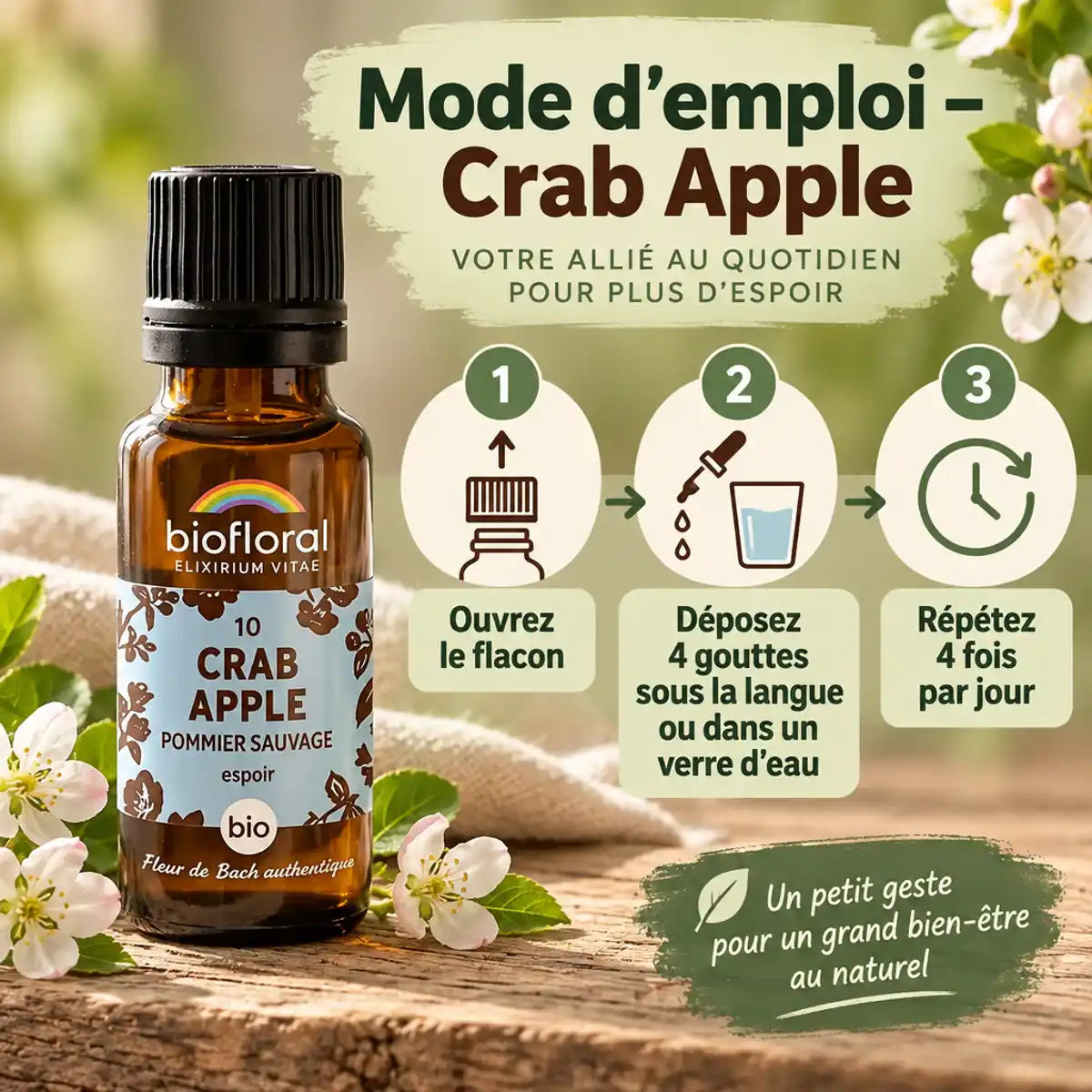 Flacon Fleur de Bach Crab Apple (pommier sauvage) Bio Biofloral en granules, avec mode d'emploi en 3 étapes