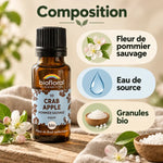 Fleur de Bach Crab Apple Biofloral en granules bio 19,5 g : flacon ambré, cartes d'ingrédients et fleur de pommier
