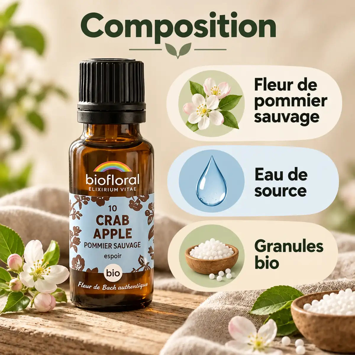Fleur de Bach Crab Apple Biofloral en granules bio 19,5 g : flacon ambré, cartes d'ingrédients et fleur de pommier