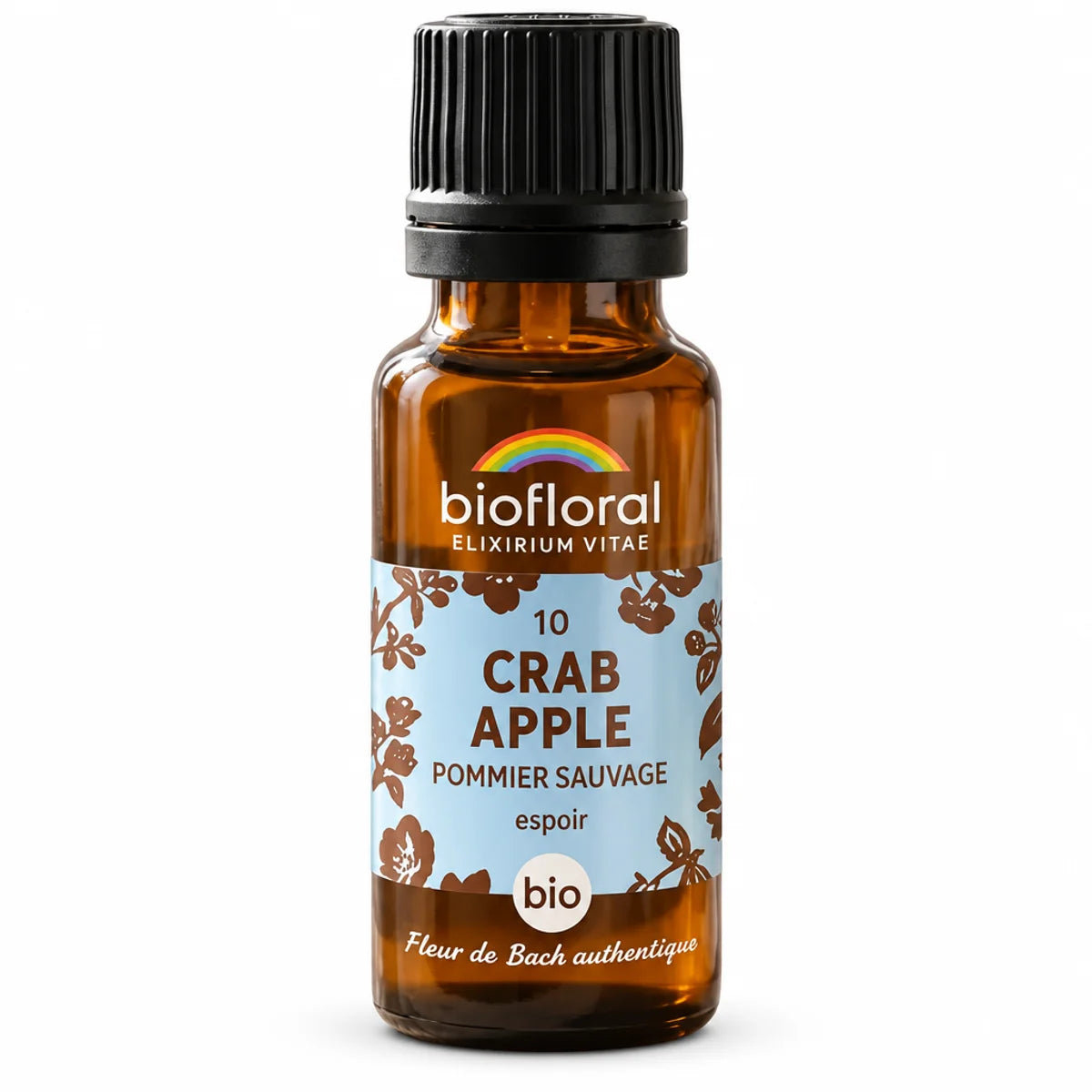 Flacon en verre ambré de Fleur de Bach Crab Apple (Pommier sauvage) Bio Biofloral, granules, fond blanc