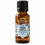 Flacon en verre ambré de Fleur de Bach Crab Apple (Pommier sauvage) Bio Biofloral, granules, fond blanc