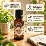 Flacon compte-gouttes ambré Fleur de Bach Gentiane Bio Biofloral entouré de quatre cartes : confiance, persévérance, reprendre le fil.