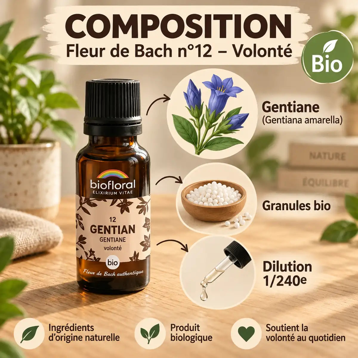 Flacon compte-gouttes ambré Fleur de Bach Gentiane n°12 Biofloral, granules bio et fleur de gentiane, illustrations pédagogiques