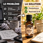 Infographie problème-solution : bureau en désordre puis table lumineuse avec plante, et flacon Fleur de Bach Gentiane Bio Biofloral en granules
