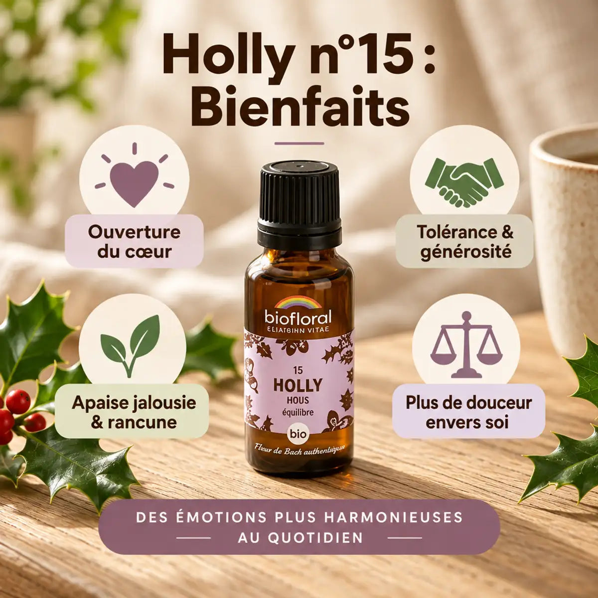 Fleur de Bach Holly n°15 Biofloral en granules : flacon ambré, houx frais et bienfaits affichés sur fond crème