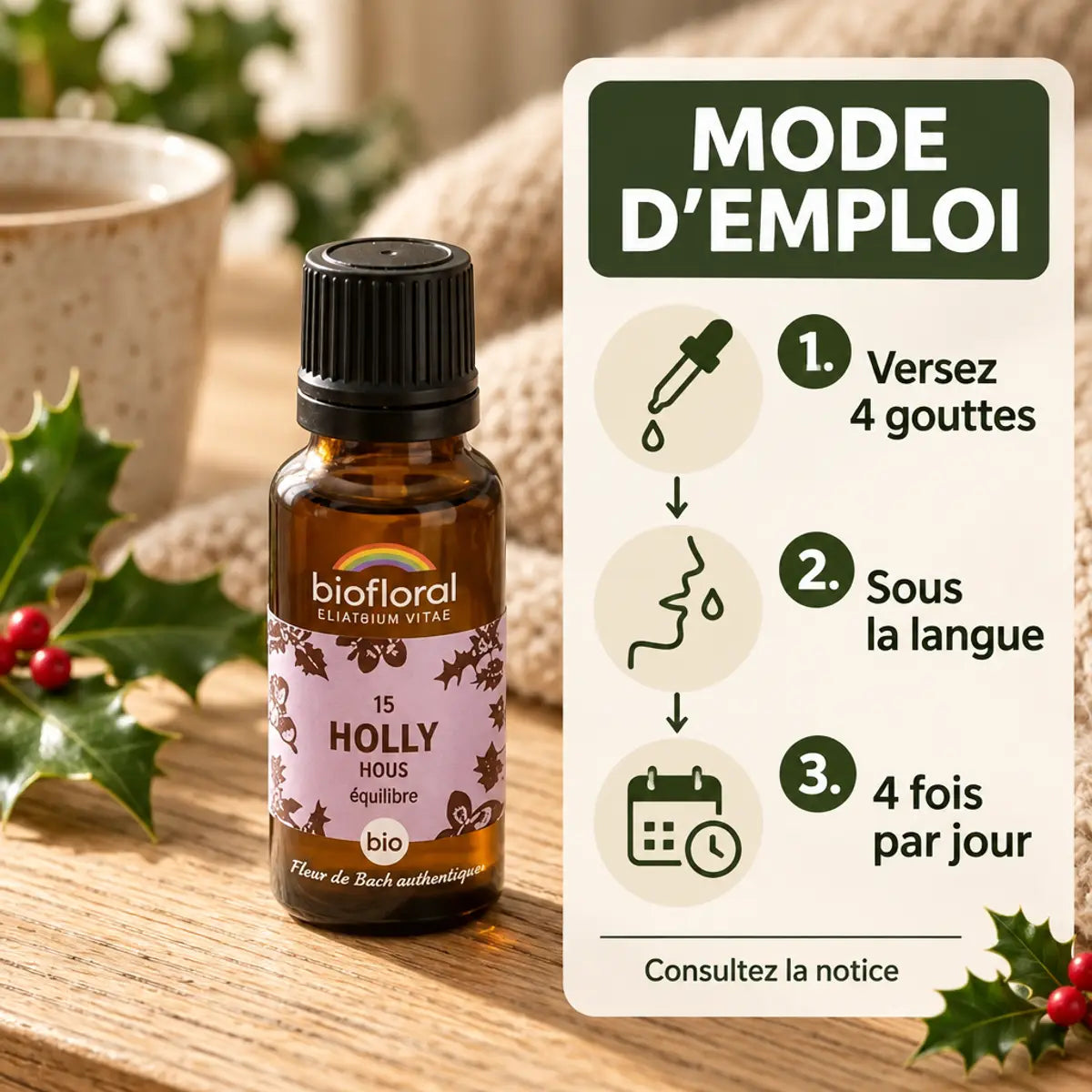 Flacon de Fleur de Bach Holly (Houx) Bio Biofloral sur table en bois, avec mode d'emploi : 4 gouttes sous la langue, 4 fois par jour