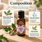 Flacon de Fleur de Bach Holly (Houx) bio Biofloral, à côté d'une branche de houx aux baies rouges sur bois clair

Ce texte fait environ 125 caractères.