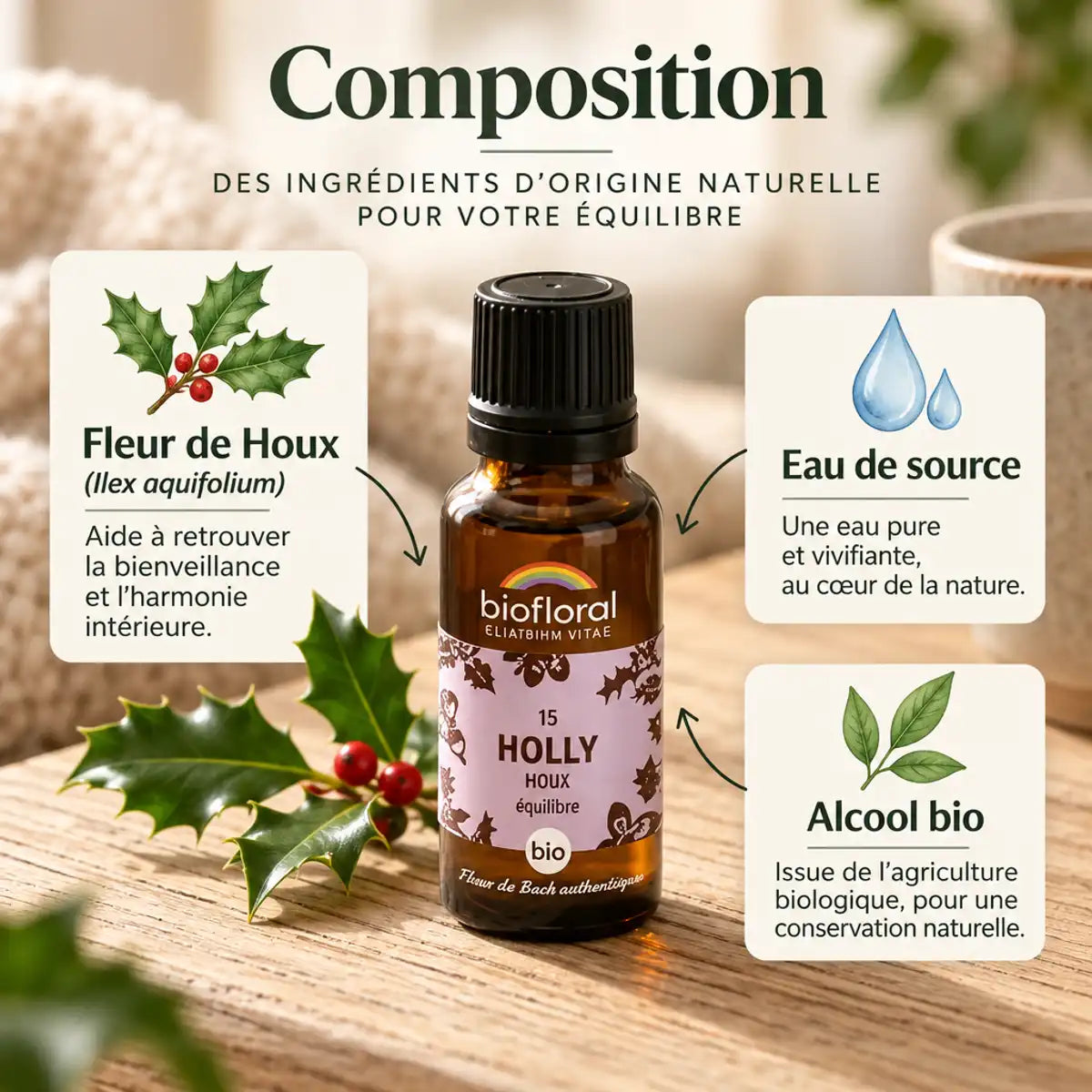 Flacon de Fleur de Bach Holly (Houx) bio Biofloral, à côté d'une branche de houx aux baies rouges sur bois clair

Ce texte fait environ 125 caractères.