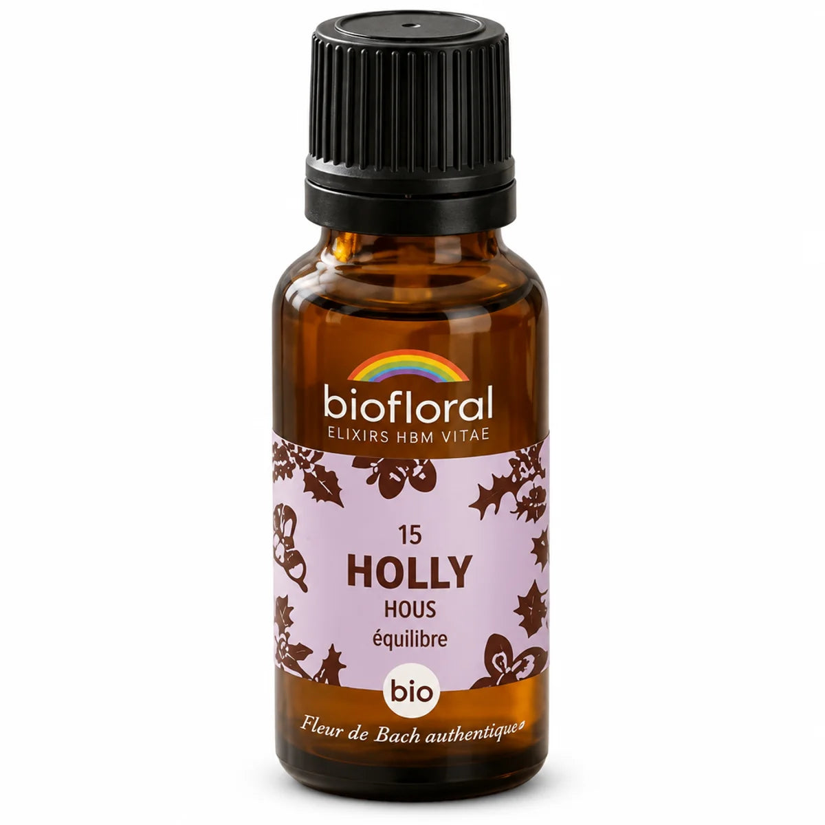 Flacon en verre ambré de fleur de Bach Holly (Houx) Bio Biofloral 30 ml, étiquette lilas et logo, fond blanc