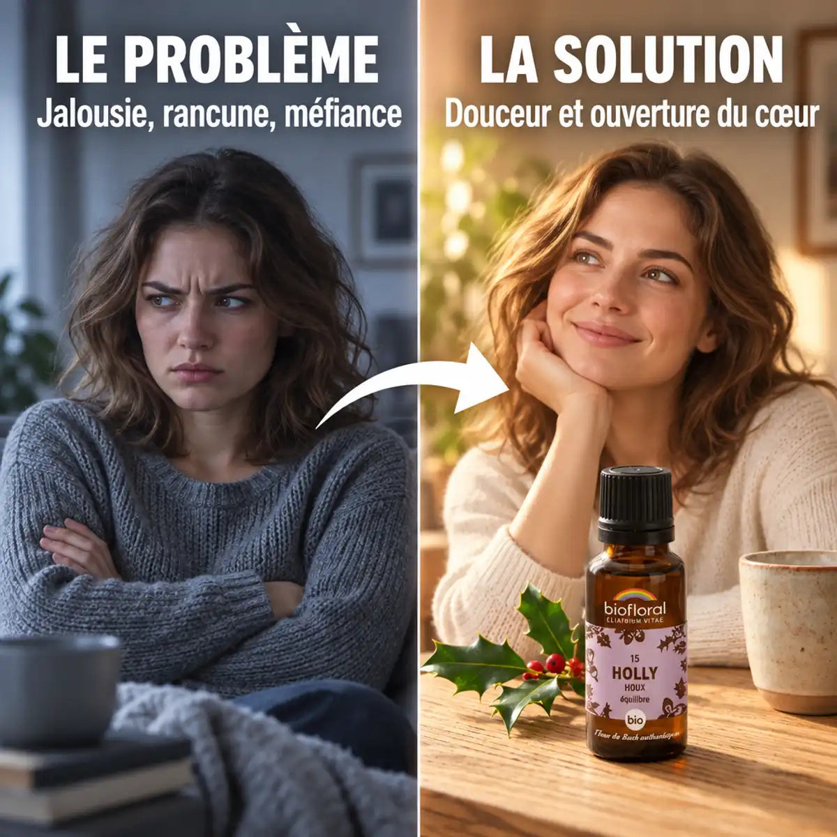 Fleur de Bach Holly (Houx) Bio Biofloral : avant/après, problème de jalousie et solution de douceur, flacon compte-gouttes 15 ml