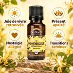 Flacon Biofloral de Fleur de Bach Honeysuckle Chèvrefeuille bio en granules, fond crème doré avec icônes de bien-être