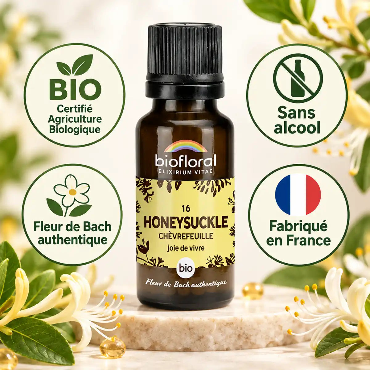 Flacon de fleur de Bach Chèvrefeuille (Honeysuckle) bio Biofloral en granules, avec badges certifiés AB, sans alcool et fabriqué en France