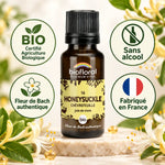 Flacon de fleur de Bach Chèvrefeuille (Honeysuckle) bio Biofloral en granules, avec badges certifiés AB, sans alcool et fabriqué en France