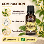 Flacon de fleur de Bach Chèvrefeuille (Honey Suckle) bio Biofloral en granules, 19,5 g, avec infographie sur la composition