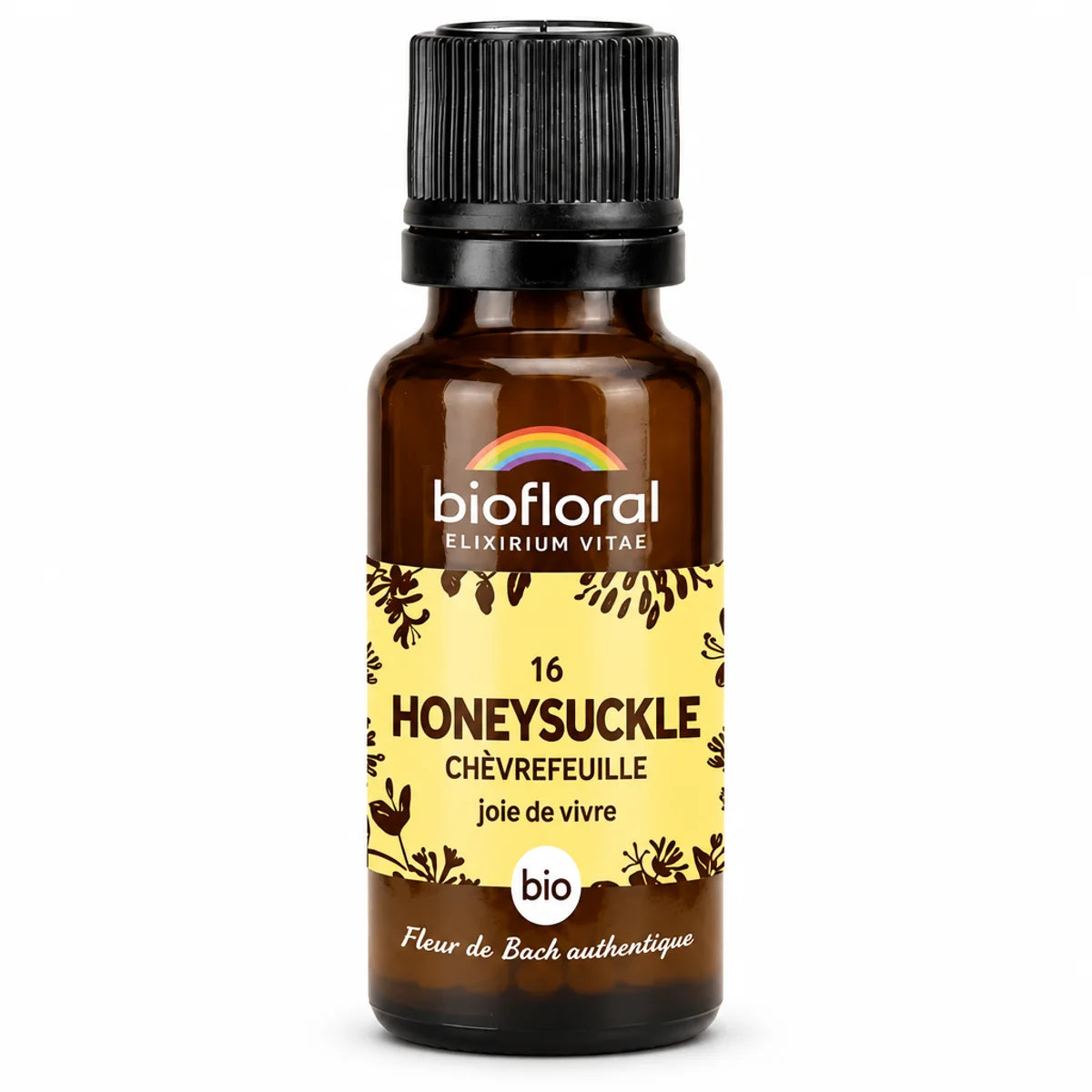 Flacon en verre ambré de fleur de Bach Chèvrefeuille (Honeysuckle n°16) Biofloral bio, 19,5 g, fond blanc