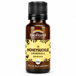 Flacon en verre ambré de fleur de Bach Chèvrefeuille (Honeysuckle n°16) Biofloral bio, 19,5 g, fond blanc