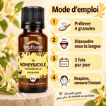 Fleur de Bach Chèvrefeuille bio en granules Biofloral avec mode d'emploi en 4 étapes sur fond crème