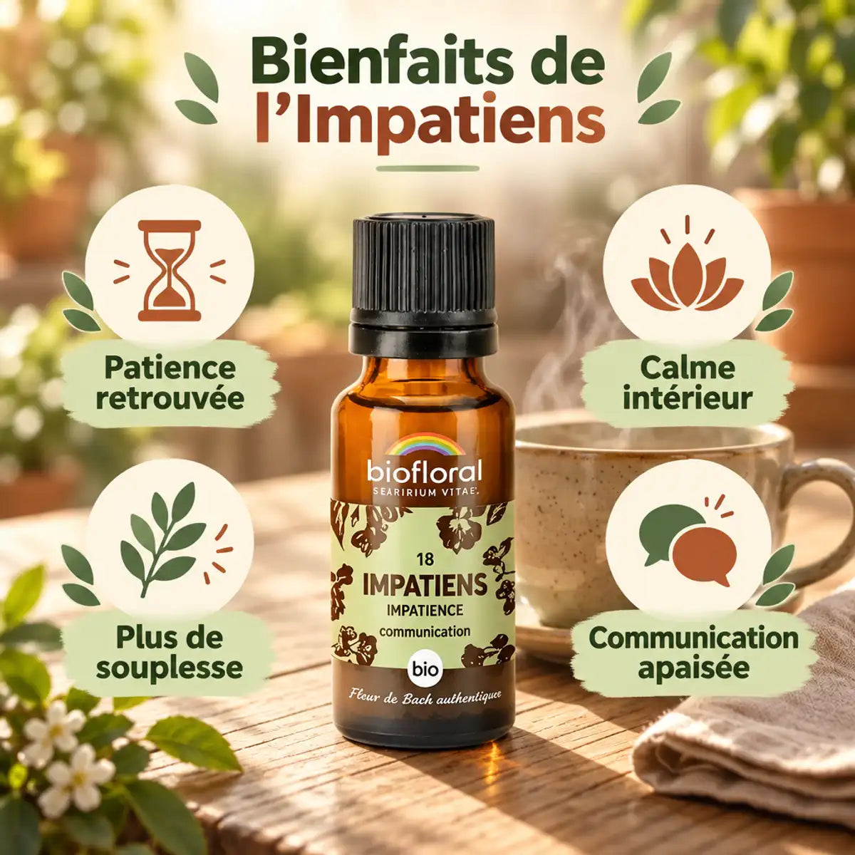 Flacon ambré Fleur de Bach Impatiens Bio Biofloral (granules 19,5 g) sur table en bois, avec infographie sur les bienfaits de l'Impatiens