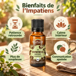 Flacon ambré Fleur de Bach Impatiens Bio Biofloral (granules 19,5 g) sur table en bois, avec infographie sur les bienfaits de l'Impatiens