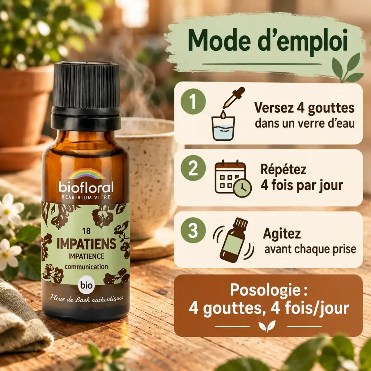 Fleur de Bach Impatiens Biofloral en granules 19,5 g, flacon ambré et mode d'emploi : 4 gouttes, 4 fois par jour