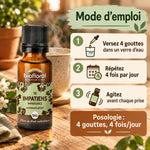 Fleur de Bach Impatiens Biofloral en granules 19,5 g, flacon ambré et mode d'emploi : 4 gouttes, 4 fois par jour