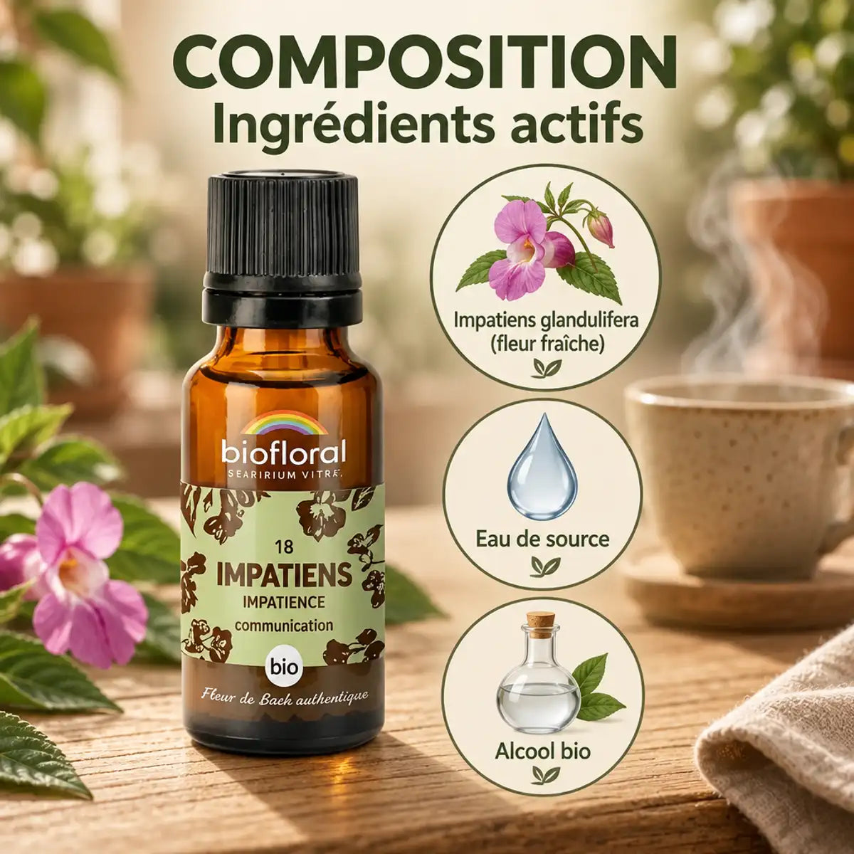 Fleur de Bach Impatiens Bio en granules Biofloral 19,5 g, composition : Impatiens glandulifera, eau de source et alcool bio