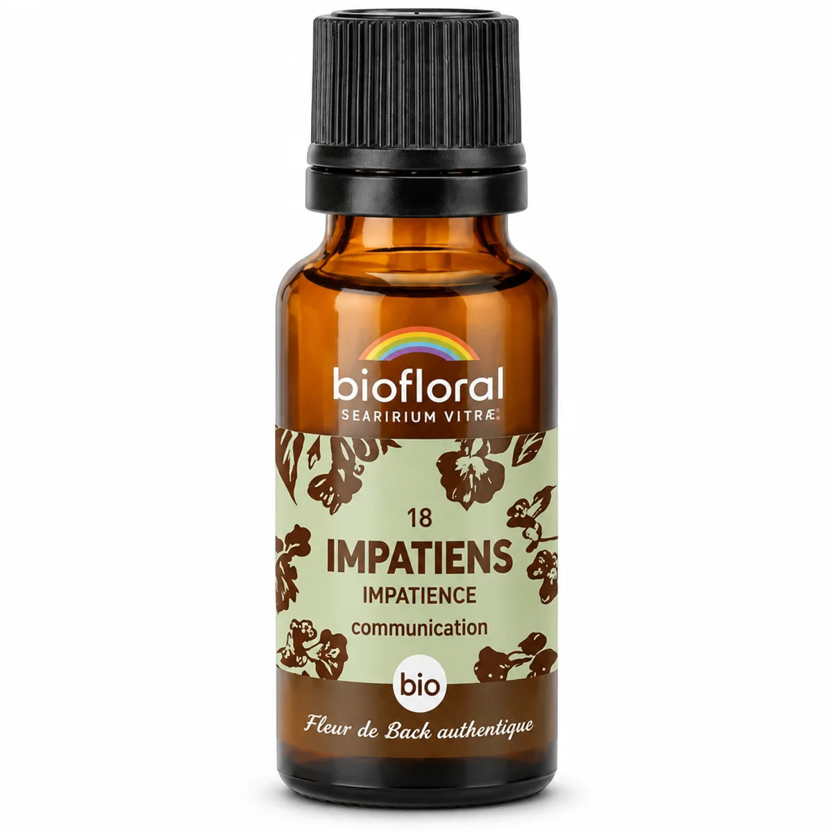 Flacon en verre ambré de fleur de Bach Impatiens n°18 Biofloral, bio, 19,5 g, sur fond blanc