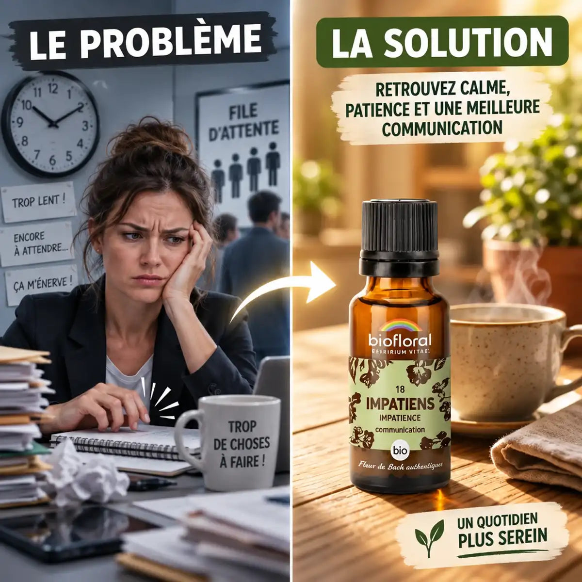 Fleur de Bach Impatiens bio en granules : flacon Biofloral, problème d'impatience face à la solution apaisée