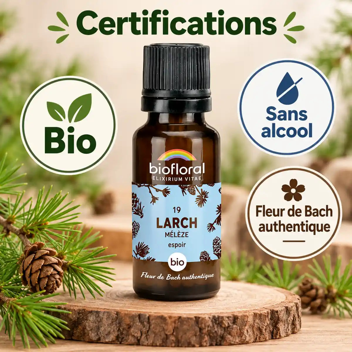 Flacon en verre ambré Fleur de Bach Mélèze Bio Biofloral 19,5 g, granules, étiquette bleue aux branches de mélèze et badges Bio et Sans alcool