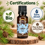 Flacon en verre ambré Fleur de Bach Mélèze Bio Biofloral 19,5 g, granules, étiquette bleue aux branches de mélèze et badges Bio et Sans alcool
