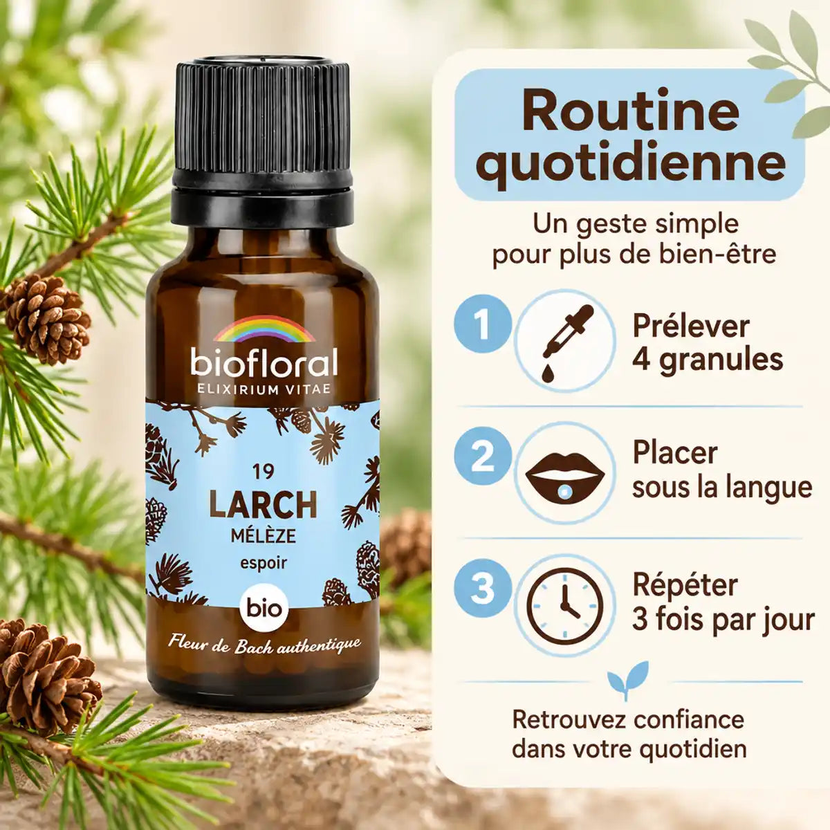 Fleur de Bach Mélèze Bio Biofloral en granules : flacon et guide de prise quotidienne (4 granules, 3 fois par jour)
