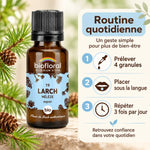 Fleur de Bach Mélèze Bio Biofloral en granules : flacon et guide de prise quotidienne (4 granules, 3 fois par jour)