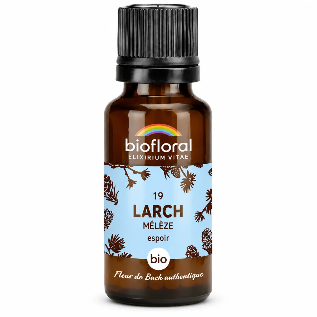 Flacon compte-gouttes ambré de Fleur de Bach Larch (Mélèze) Bio en granules 19,5 g, Biofloral, sur fond blanc