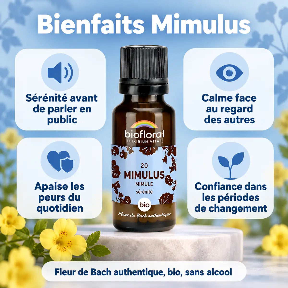 Flacon Fleur de Bach Mimulus Biofloral bio en granules, avec cartes bienfaits : sérénité, calme et confiance (sans alcool)