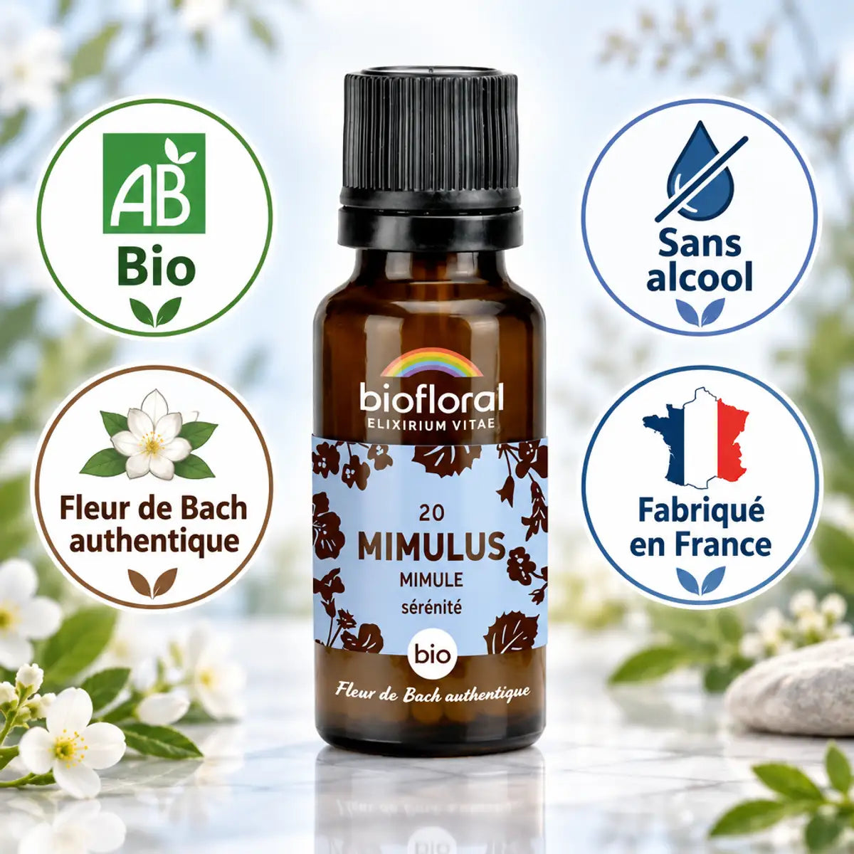 Flacon en verre ambré Fleur de Bach Mimulus (Mimule) Bio Biofloral, granules 19,5 g, labels AB Bio et Fabriqué en France