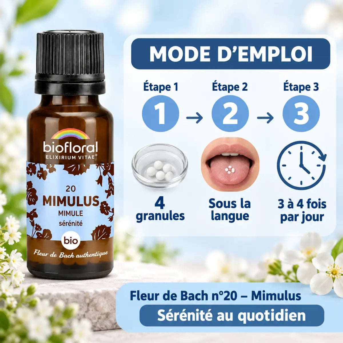 Fleur de Bach Mimulus n°20 Biofloral en granules 19,5 g : flacon en verre ambré et mode d'emploi pour la prise sous la langue
