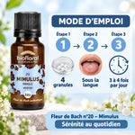 Fleur de Bach Mimulus n°20 Biofloral en granules 19,5 g : flacon en verre ambré et mode d'emploi pour la prise sous la langue