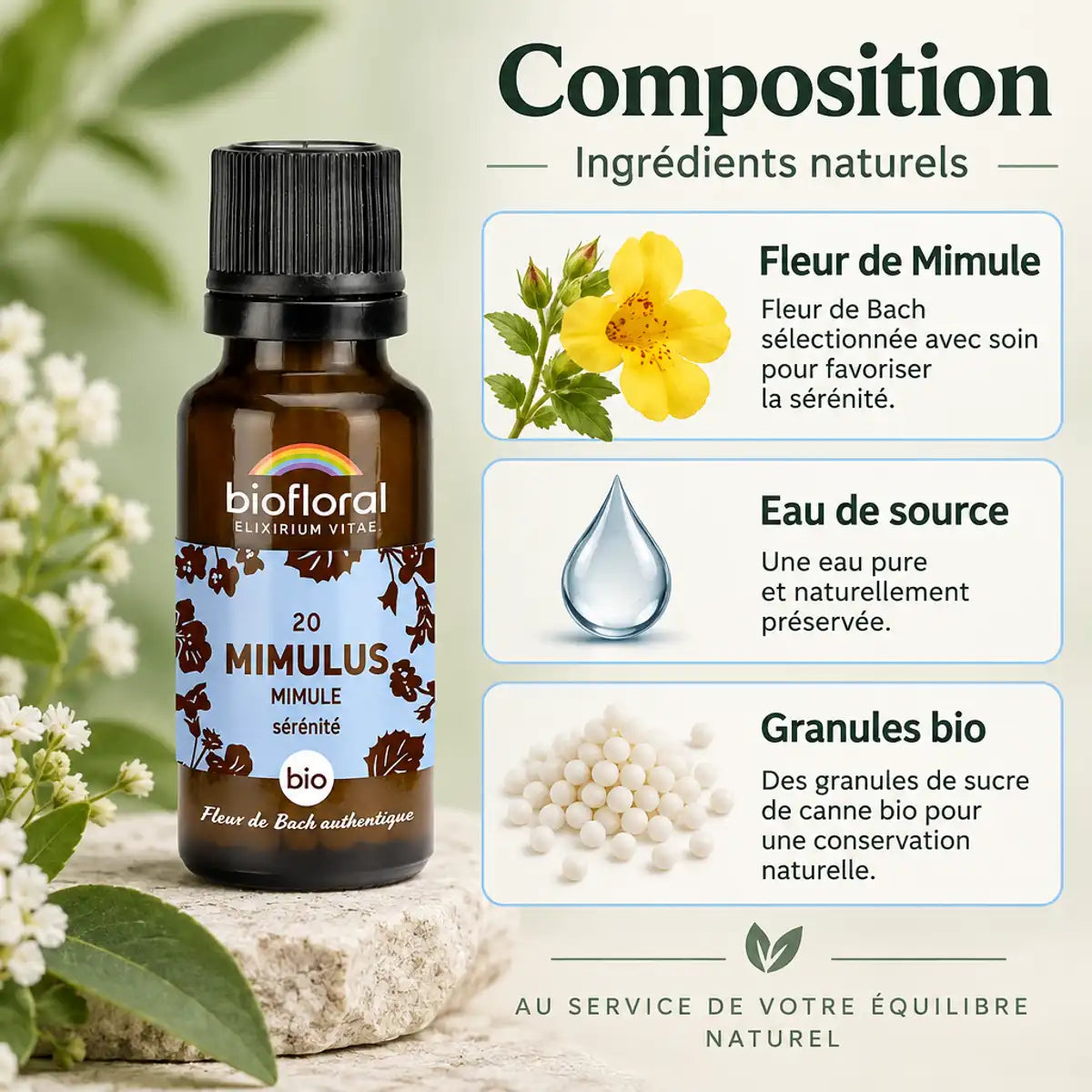 Flacon ambré Biofloral Fleur de Bach Mimulus bio en granules 19,5 g, à côté d'une infographie sur ses ingrédients naturels