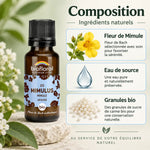 Flacon ambré Biofloral Fleur de Bach Mimulus bio en granules 19,5 g, à côté d'une infographie sur ses ingrédients naturels