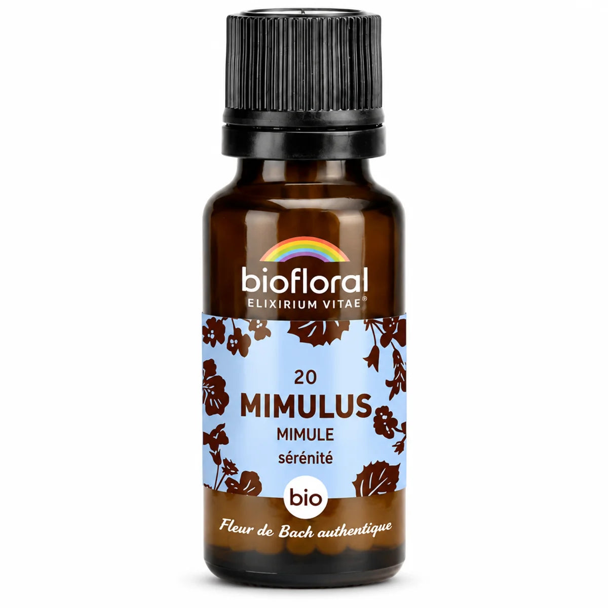 Flacon de fleur de Bach Mimulus (mimule) bio Biofloral en granules, verre ambré et étiquette bleue, sur fond blanc