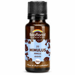 Flacon de fleur de Bach Mimulus (mimule) bio Biofloral en granules, verre ambré et étiquette bleue, sur fond blanc