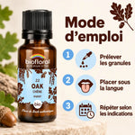 Fleur de Bach Chêne Bio en granules Biofloral 19,5 g, flacon et mode d'emploi en 3 étapes