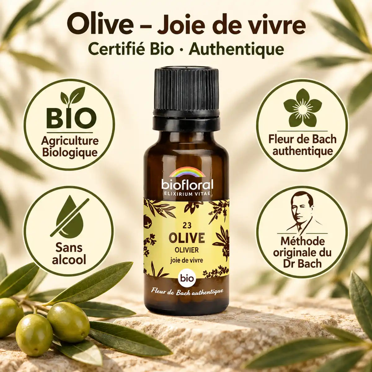 Flacon en verre ambré de Fleur de Bach Olive (Olivier) Bio Biofloral, avec badges certifiés bio, sans alcool et méthode du Dr Bach