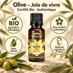 Flacon en verre ambré de Fleur de Bach Olive (Olivier) Bio Biofloral, avec badges certifiés bio, sans alcool et méthode du Dr Bach
